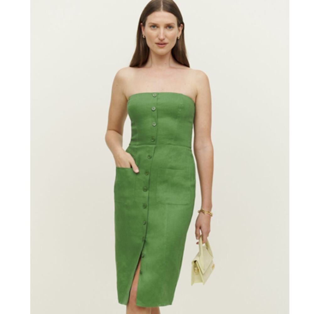 REFORMATION Prescott 100% Linen Midi Dress Strapless Button Front Smocked Green